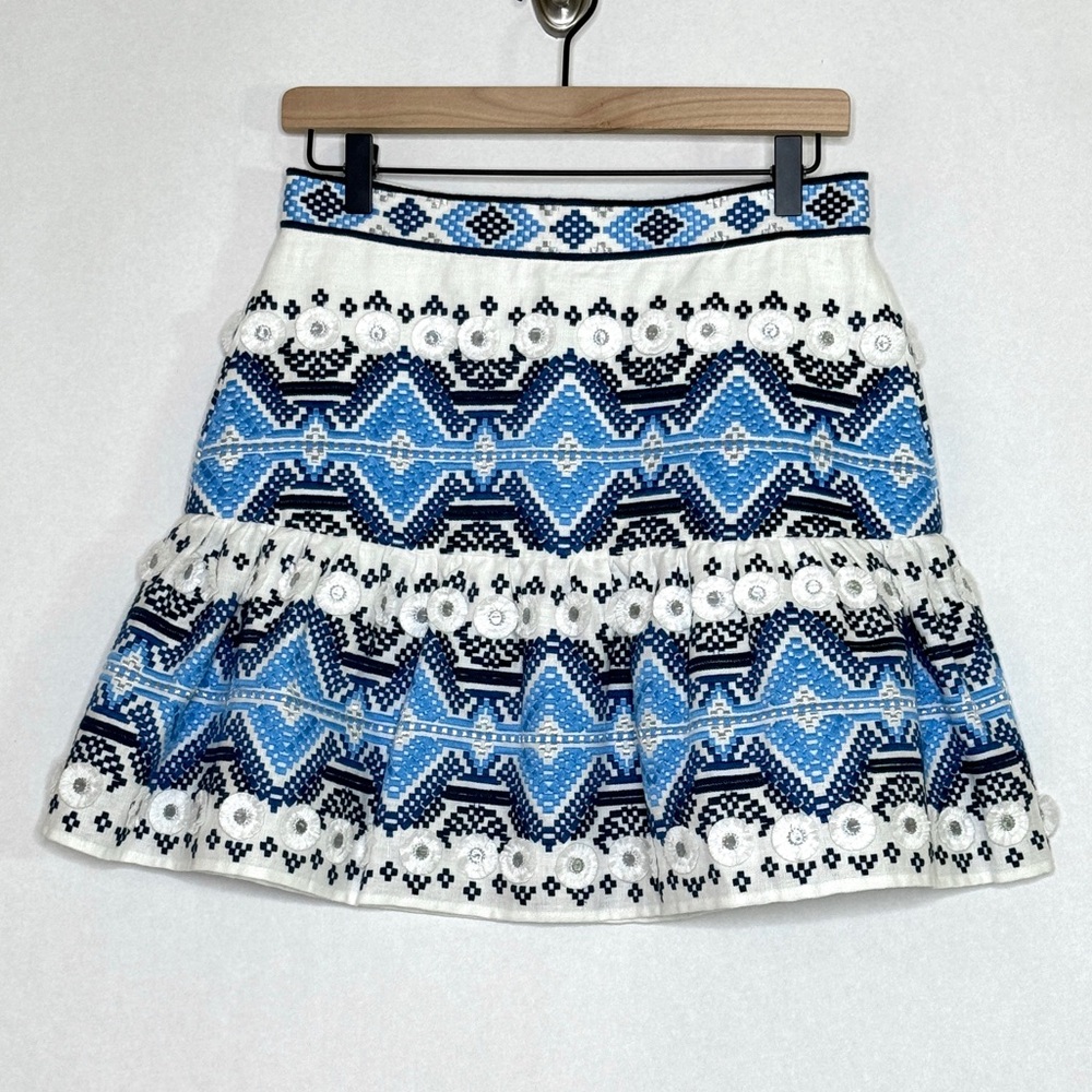 Alexis Embroidered Mini Skirt Lucille Western Scandi Boho Blue White SZ Medium